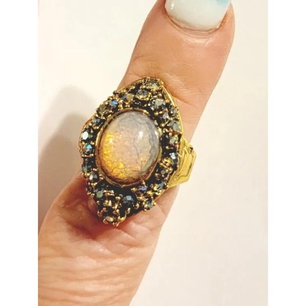 Vintage Dragons Breath Glass & AB Rhinestone Fashion Ring, Mid-Century Costume